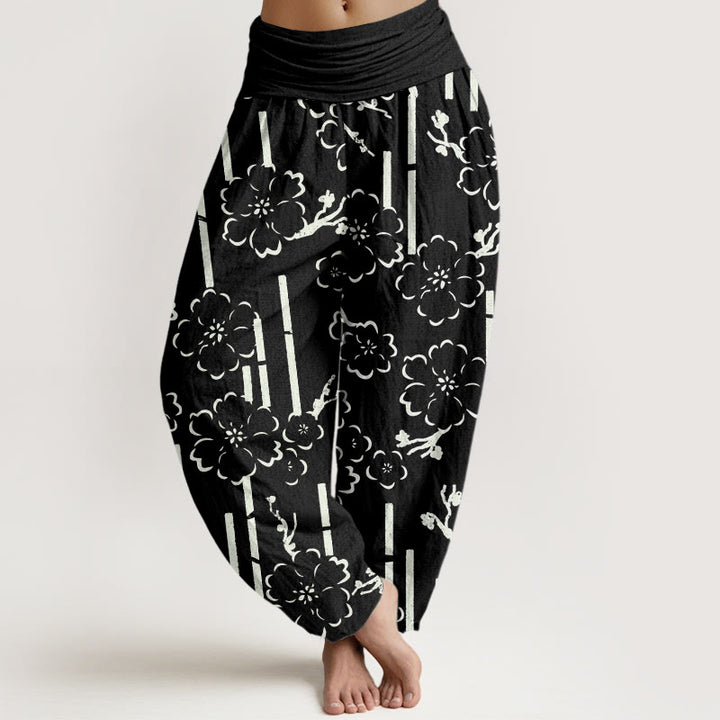 Buddha Stones Floral Lines Pattern Design Women's Elastic Waist Harem Pants - Black - US22，UK/AU26，EU54 (6XL) - image 4