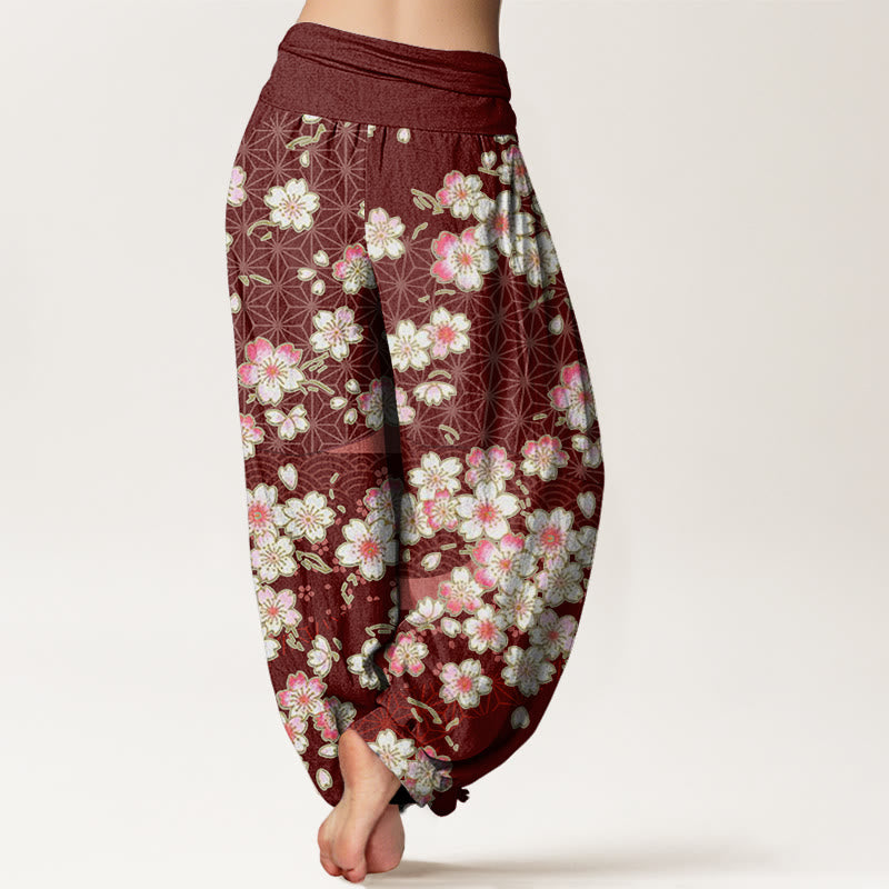 Buddha Stones Pink Cherry Blossoms Six-pointed Stars Pattern Design Women's Elastic Waist Harem Pants - image 1