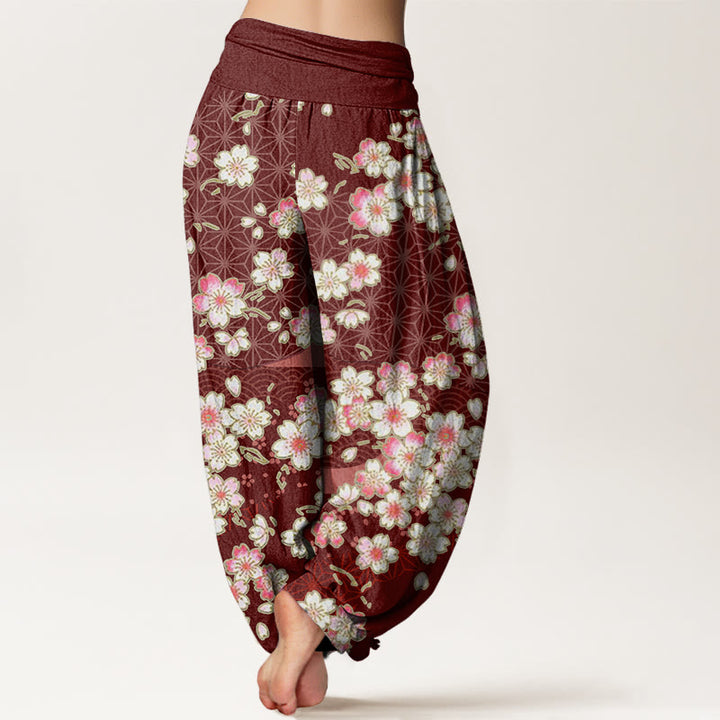 Buddha Stones Pink Cherry Blossoms Six-pointed Stars Pattern Design Women's Elastic Waist Harem Pants - image 1