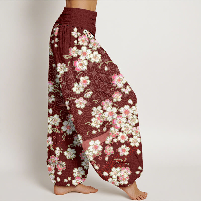 Buddha Stones Pink Cherry Blossoms Six-pointed Stars Pattern Design Women's Elastic Waist Harem Pants - image 2