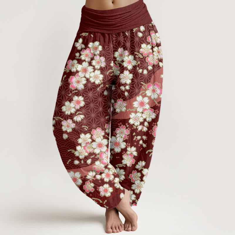 Buddha Stones Pink Cherry Blossoms Six-pointed Stars Pattern Design Women's Elastic Waist Harem Pants - DarkRed - US22，UK/AU26，EU54 (6XL) - image 0