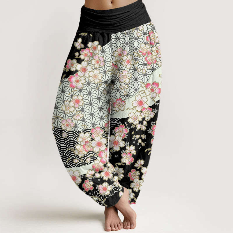 Buddha Stones Pink Cherry Blossoms Six-pointed Stars Pattern Design Women's Elastic Waist Harem Pants - Black - US22，UK/AU26，EU54 (6XL) - image 4