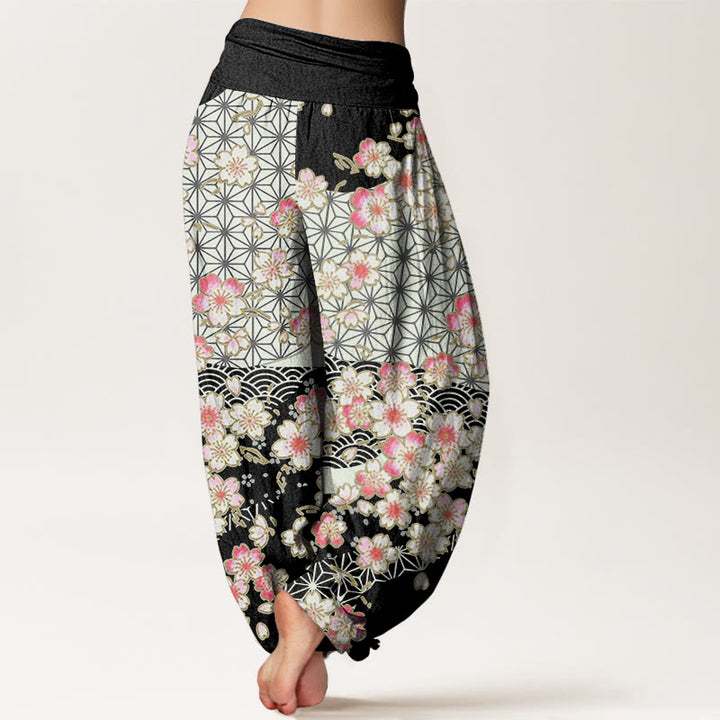 Buddha Stones Pink Cherry Blossoms Six-pointed Stars Pattern Design Women's Elastic Waist Harem Pants - image 5