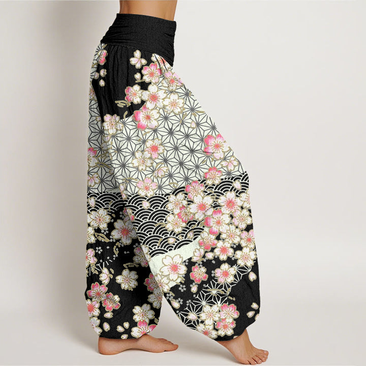 Buddha Stones Pink Cherry Blossoms Six-pointed Stars Pattern Design Women's Elastic Waist Harem Pants - image 6