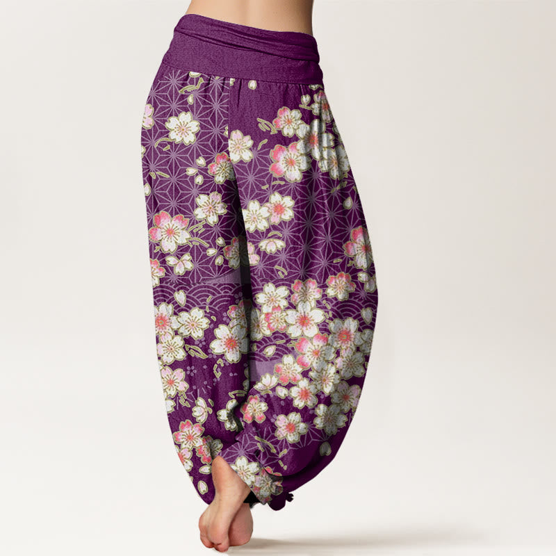Buddha Stones Pink Cherry Blossoms Six-pointed Stars Pattern Design Women's Elastic Waist Harem Pants - image 8