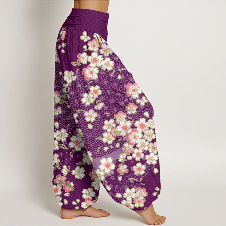 Buddha Stones Pink Cherry Blossoms Six-pointed Stars Pattern Design Women's Elastic Waist Harem Pants - image 9