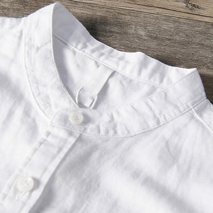Buddha Stones Casual Daily Simple Buttons Design Stand Collar Men's Short Sleeve Cotton Linen Shirt With Front Pockets - image 3