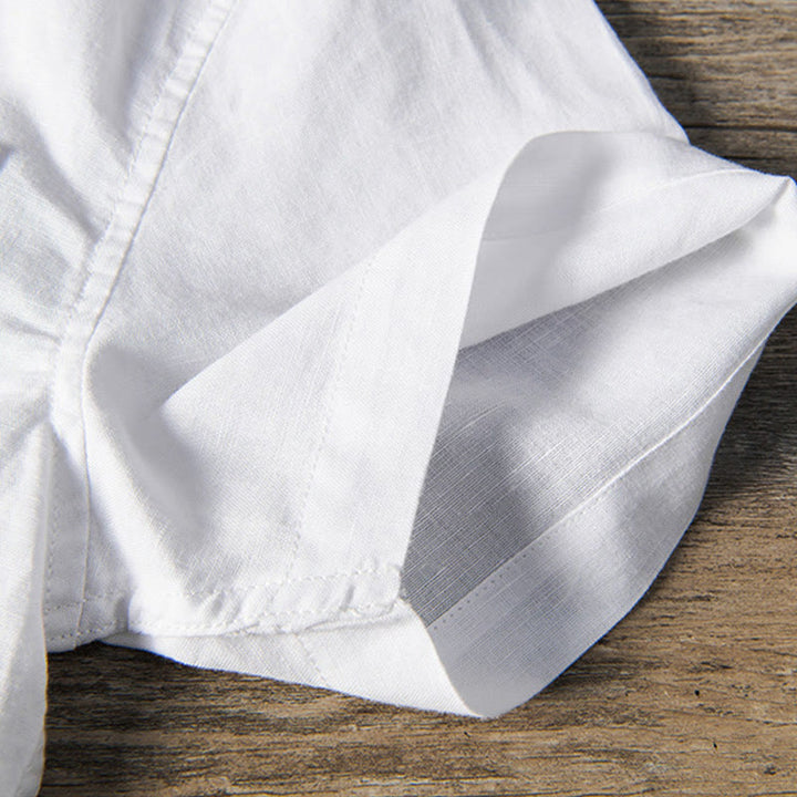 Buddha Stones Casual Daily Simple Buttons Design Stand Collar Men's Short Sleeve Cotton Linen Shirt With Front Pockets - image 6