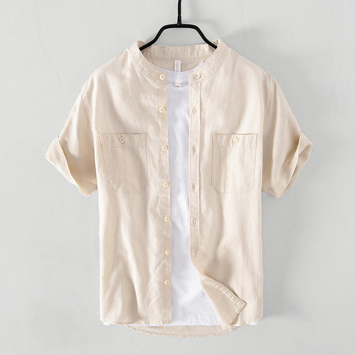 Buddha Stones Casual Daily Simple Buttons Design Stand Collar Men's Short Sleeve Cotton Linen Shirt With Front Pockets - image 9