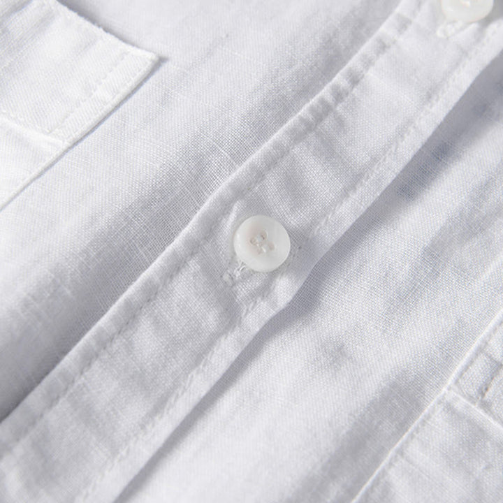 Buddha Stones Casual Daily Simple Buttons Design Stand Collar Men's Short Sleeve Cotton Linen Shirt With Front Pockets - image 4