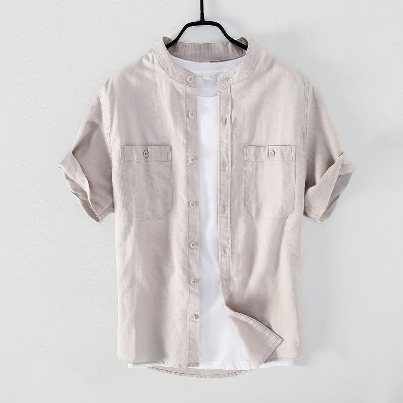 Buddha Stones Casual Daily Simple Buttons Design Stand Collar Men's Short Sleeve Cotton Linen Shirt With Front Pockets - image 8