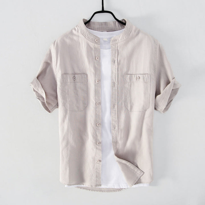 Buddha Stones Casual Daily Simple Buttons Design Stand Collar Men's Short Sleeve Cotton Linen Shirt With Front Pockets - image 8