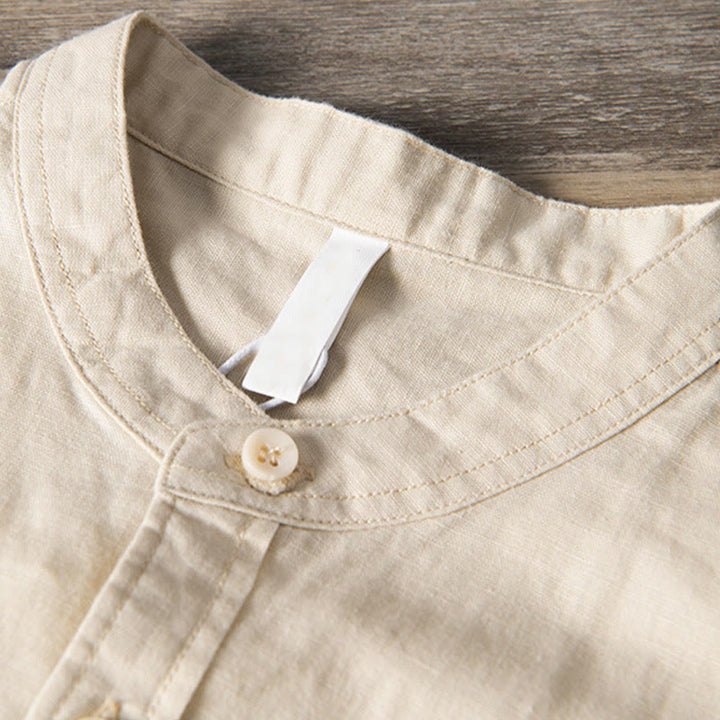 Buddha Stones Casual Daily Simple Buttons Design Stand Collar Men's Short Sleeve Cotton Linen Shirt With Front Pockets - image 10