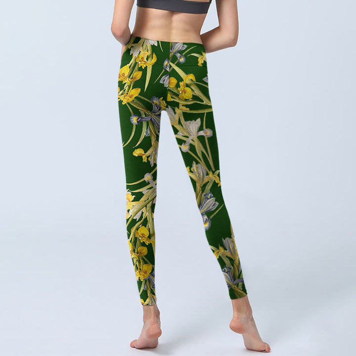 Buddha Stones Green Iris Pattern Print Gym Leggings Women's Yoga Pants - image 6