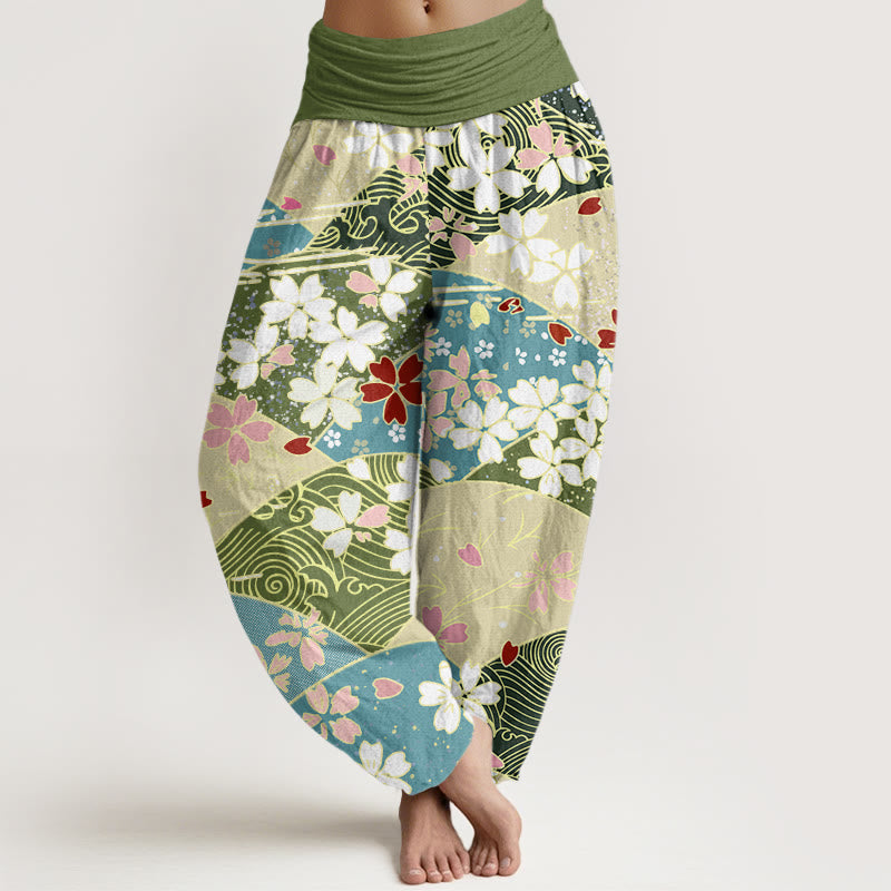 Buddha Stones Colorful Flowers Fan-shaped Pattern Design Women's Elastic Waist Harem Pants - DarkSeaGreen - US22，UK/AU26，EU54 (6XL) - image 0