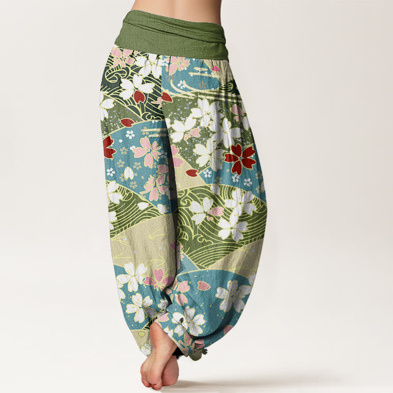 Buddha Stones Colorful Flowers Fan-shaped Pattern Design Women's Elastic Waist Harem Pants - image 1
