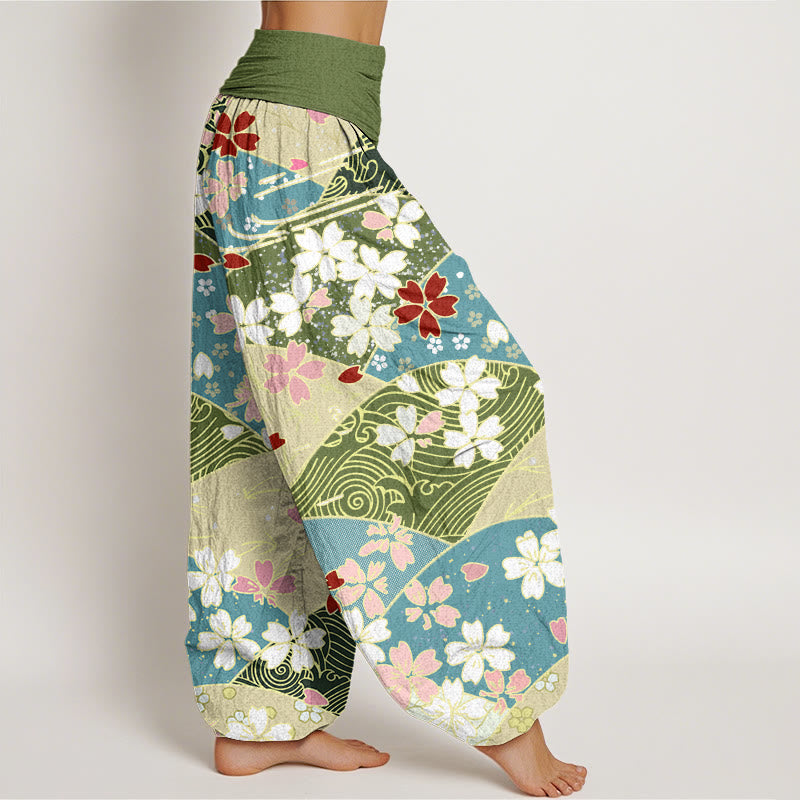 Buddha Stones Colorful Flowers Fan-shaped Pattern Design Women's Elastic Waist Harem Pants - image 2