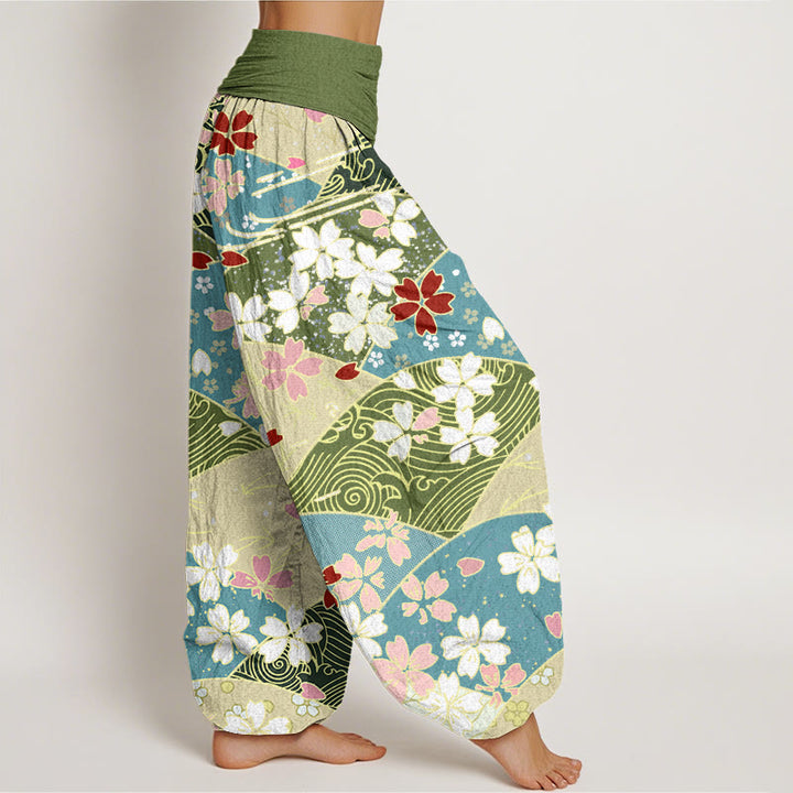 Buddha Stones Colorful Flowers Fan-shaped Pattern Design Women's Elastic Waist Harem Pants - image 2