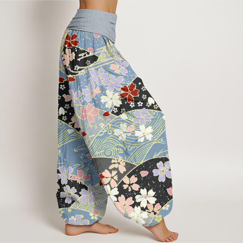 Buddha Stones Colorful Flowers Fan-shaped Pattern Design Women's Elastic Waist Harem Pants - image 6