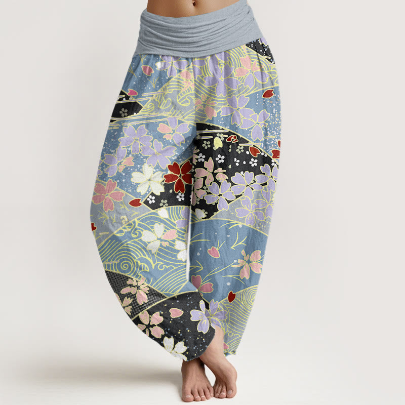 Buddha Stones Colorful Flowers Fan-shaped Pattern Design Women's Elastic Waist Harem Pants - LightCyan - US22，UK/AU26，EU54 (6XL) - image 4