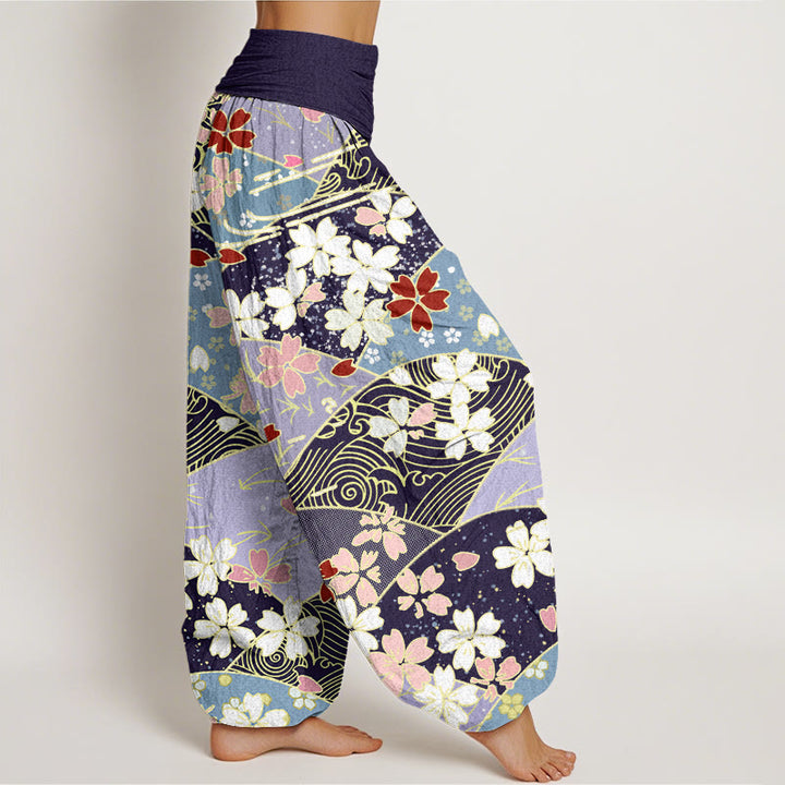 Buddha Stones Colorful Flowers Fan-shaped Pattern Design Women's Elastic Waist Harem Pants - image 9