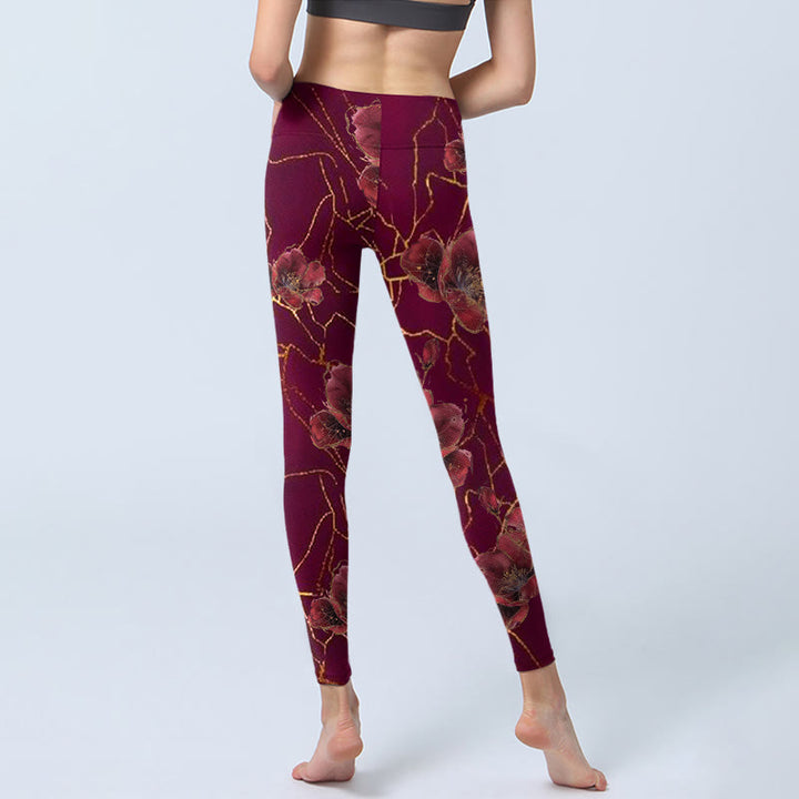 Buddha Stones Red Petals Golden Lines Pattern Print Gym Leggings Women's Yoga Pants - image 6