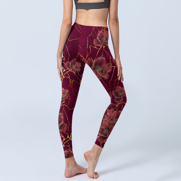 Buddha Stones Red Petals Golden Lines Pattern Print Gym Leggings Women's Yoga Pants - image 4