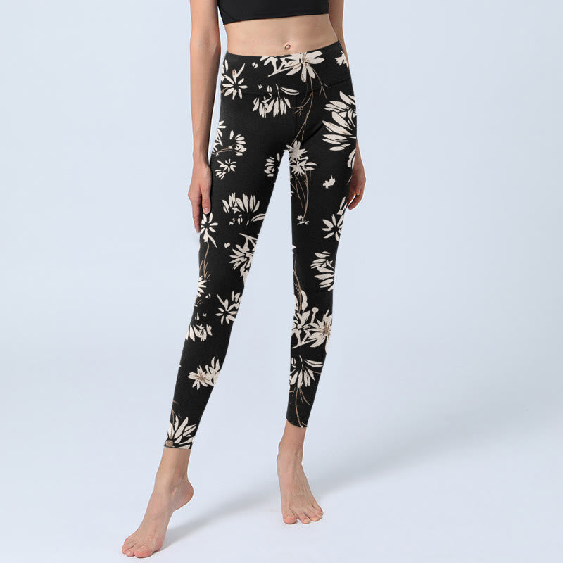 Buddha Stones Black White Petals Pattern Print Gym Leggings Women's Yoga Pants - image 5