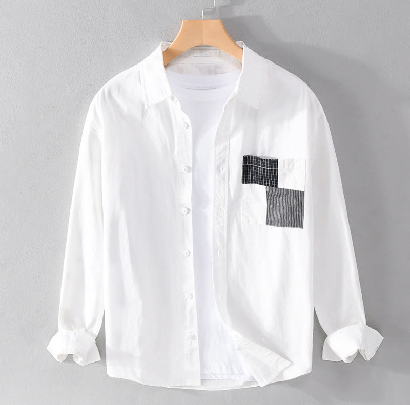 Buddha Stones Spring Daily Line Patchwork Design Lapel Men's Long Sleeve Cotton Linen Shirt With Pockets - White - US/UK/AU42，EU52 (3XL) - image 7