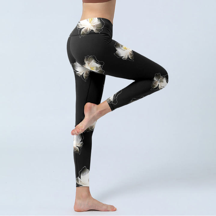 Buddha Stones Black White Lotus Petals Pattern Print Gym Leggings Women's Yoga Pants - image 3
