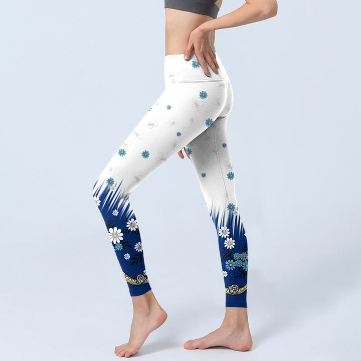 Buddha Stones White Flowers Grass Leaves Pattern Print Gym Leggings Women's Yoga Pants - image 2