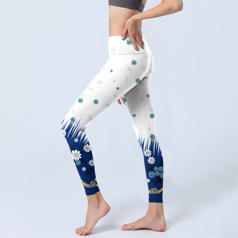 Buddha Stones White Flowers Grass Leaves Pattern Print Gym Leggings Women's Yoga Pants - image 2