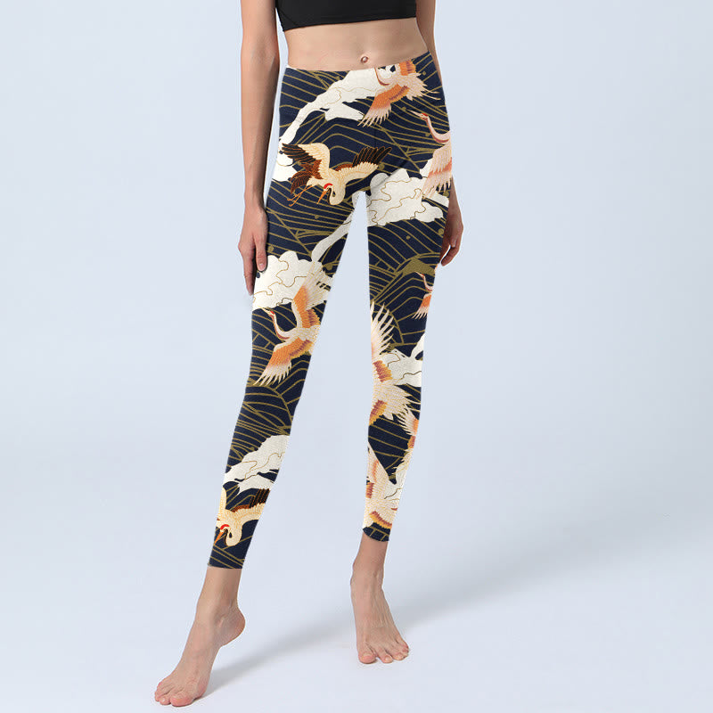 Buddha Stones Red-crowned Cranes Cloud Sea Wave Pattern Print Gym Leggings Women's Yoga Pants - image 5