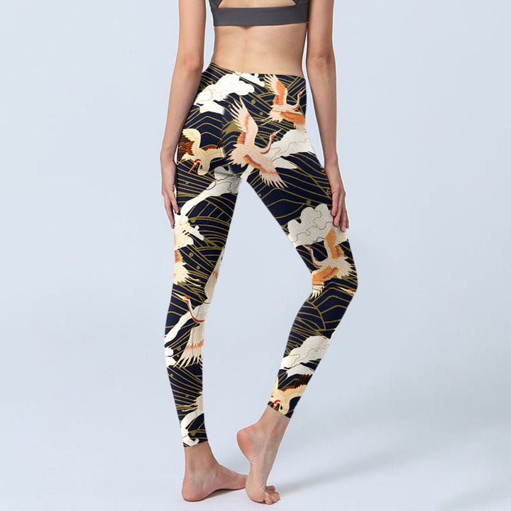 Buddha Stones Red-crowned Cranes Cloud Sea Wave Pattern Print Gym Leggings Women's Yoga Pants - image 4