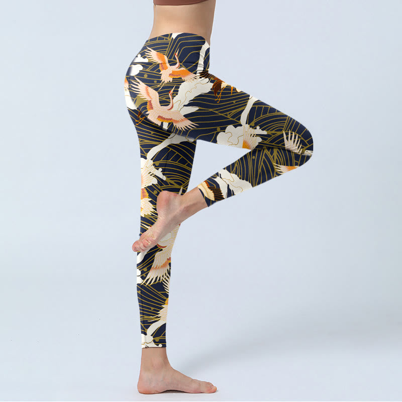 Buddha Stones Red-crowned Cranes Cloud Sea Wave Pattern Print Gym Leggings Women's Yoga Pants - image 3
