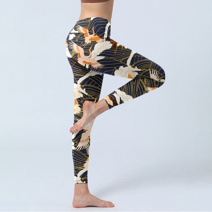 Buddha Stones Red-crowned Cranes Cloud Sea Wave Pattern Print Gym Leggings Women's Yoga Pants - image 3