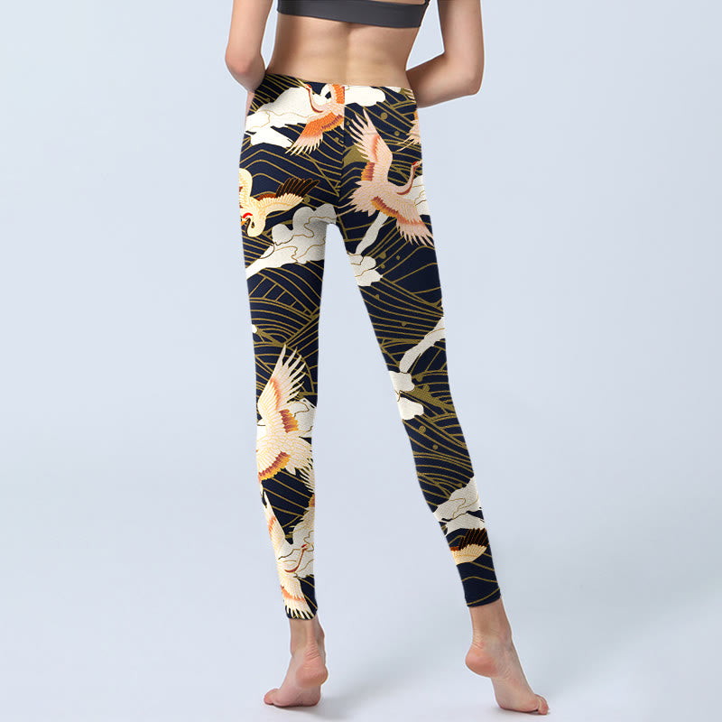 Buddha Stones Red-crowned Cranes Cloud Sea Wave Pattern Print Gym Leggings Women's Yoga Pants - image 6
