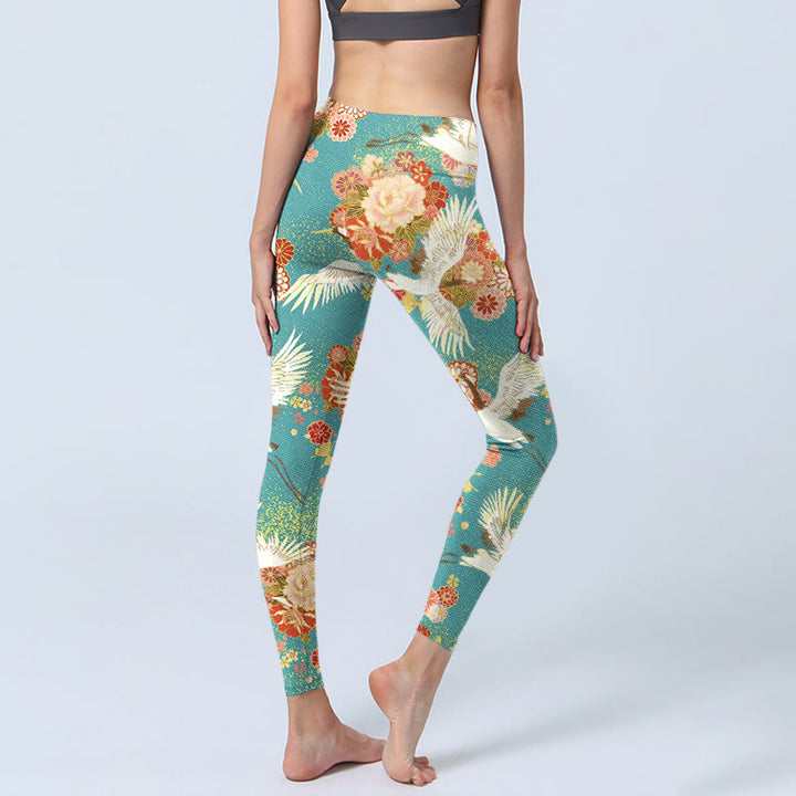 Buddha Stones Red-crowned Cranes Peony Flowers Butterfly Pattern Print Gym Leggings Women's Yoga Pants - image 4