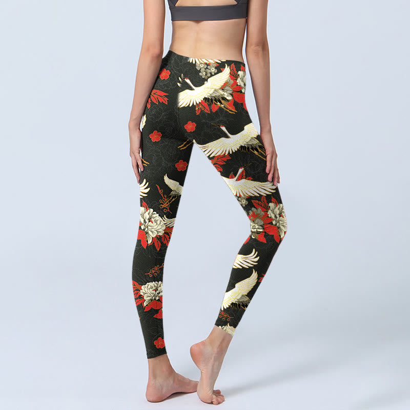 Buddha Stones Red-crowned Cranes Peony Flowers Pattern Print Gym Leggings Women's Yoga Pants - image 4