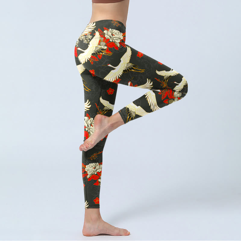 Buddha Stones Red-crowned Cranes Peony Flowers Pattern Print Gym Leggings Women's Yoga Pants - image 3