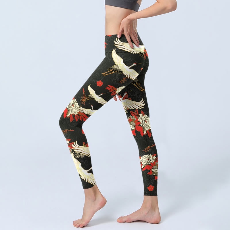 Buddha Stones Red-crowned Cranes Peony Flowers Pattern Print Gym Leggings Women's Yoga Pants - image 2