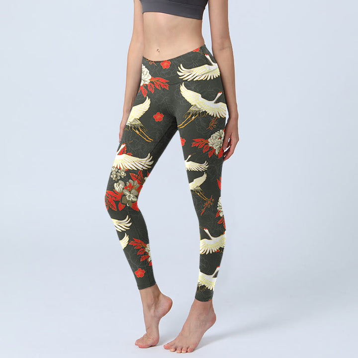 Buddha Stones Red-crowned Cranes Peony Flowers Pattern Print Gym Leggings Women's Yoga Pants - DimGray - US18，UK/AU22，EU50 (4XL) - image 0