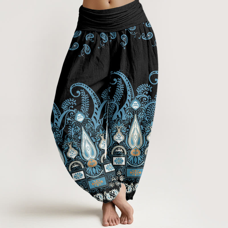 Buddha Stones Paisley Floral Pattern Women's Elastic Waist Harem Pants - Black - US22，UK/AU26，EU54 (6XL) - image 0