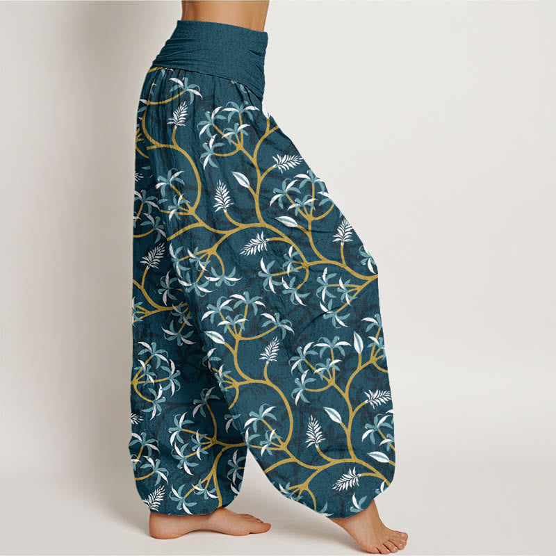 Buddha Stones Golden Branches Leaves Flower Pattern Women's Elastic Waist Harem Pants - image 2