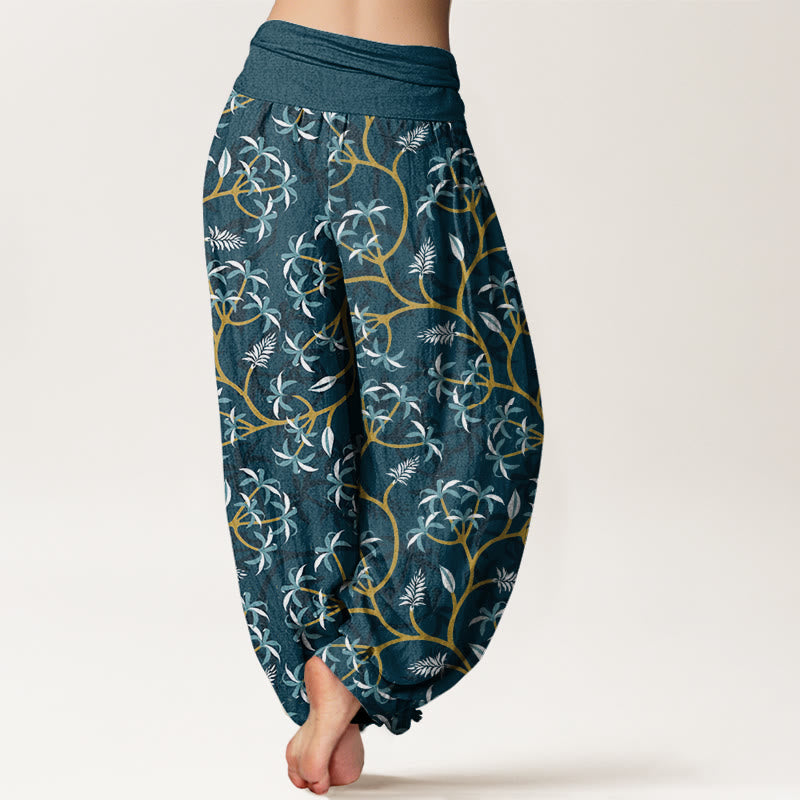 Buddha Stones Golden Branches Leaves Flower Pattern Women's Elastic Waist Harem Pants - image 1
