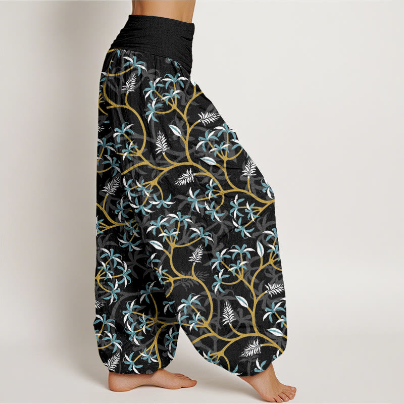 Buddha Stones Golden Branches Leaves Flower Pattern Women's Elastic Waist Harem Pants - image 9