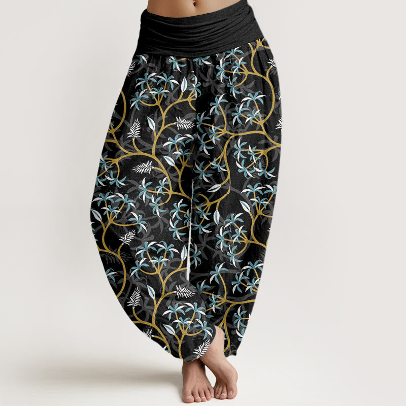 Buddha Stones Golden Branches Leaves Flower Pattern Women's Elastic Waist Harem Pants - Black - US22，UK/AU26，EU54 (6XL) - image 7