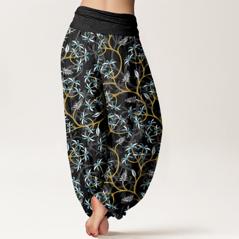 Buddha Stones Golden Branches Leaves Flower Pattern Women's Elastic Waist Harem Pants - image 8