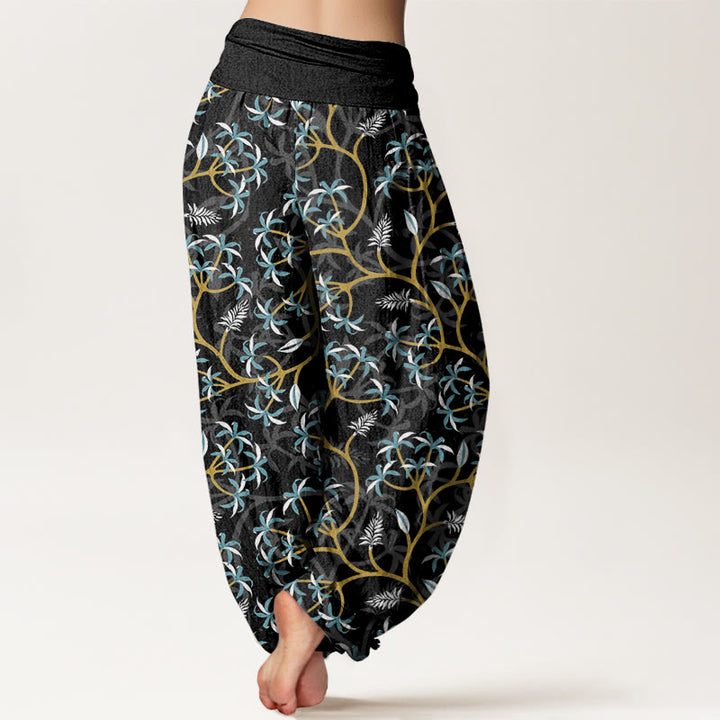 Buddha Stones Golden Branches Leaves Flower Pattern Women's Elastic Waist Harem Pants - image 8