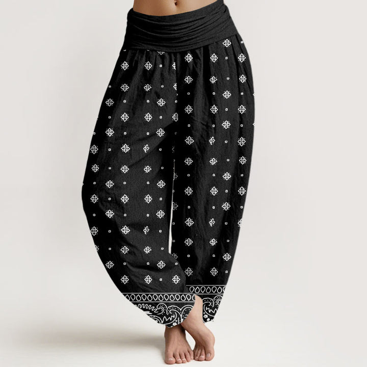 Buddha Stones Paisley Geometric Pattern Women's Elastic Waist Harem Pants - Black - US22，UK/AU26，EU54 (6XL) - image 7